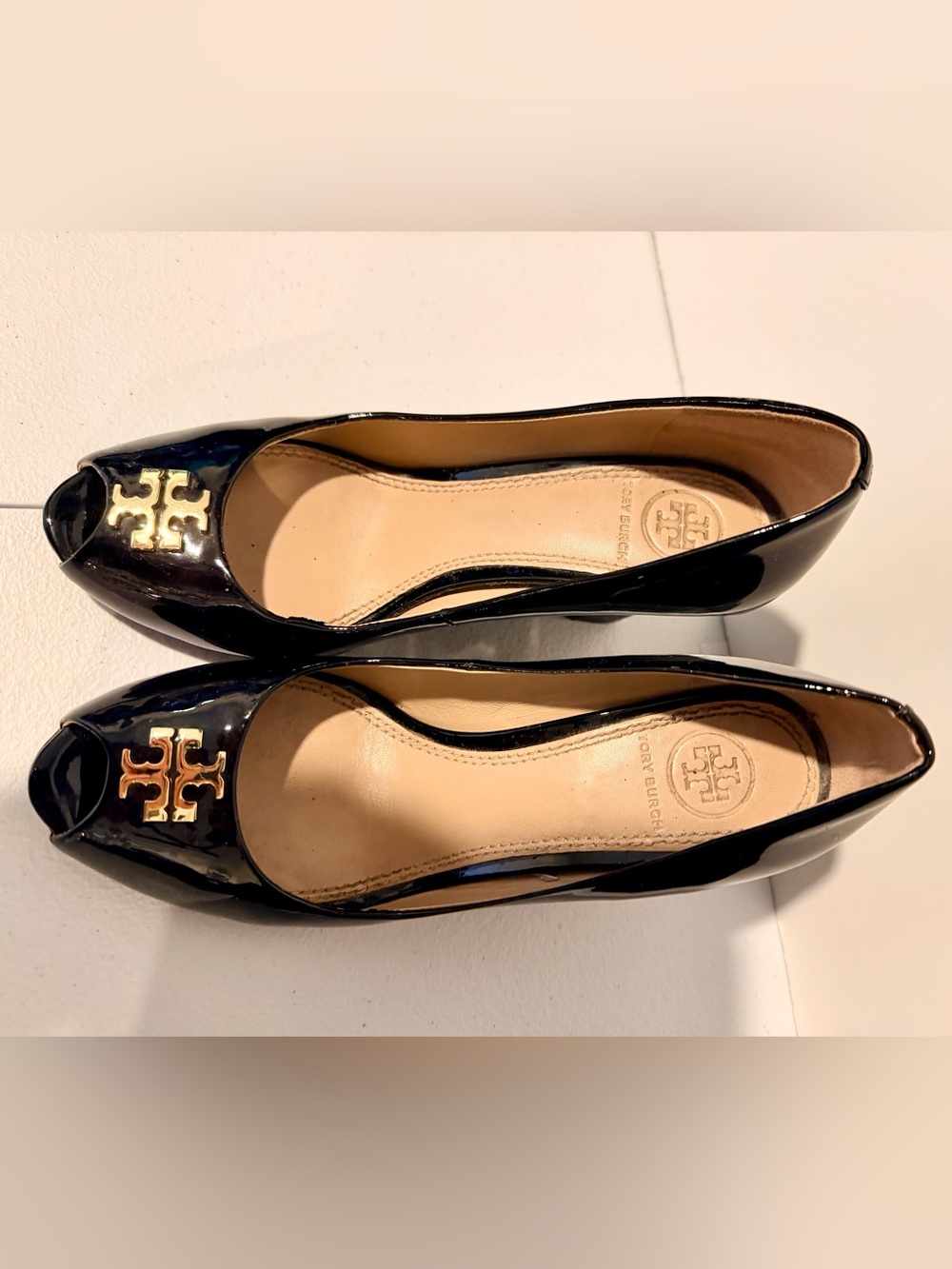 Tory Burch Sally Black Patent Leather Peep Toe Wedge Pumps - Size 6.5